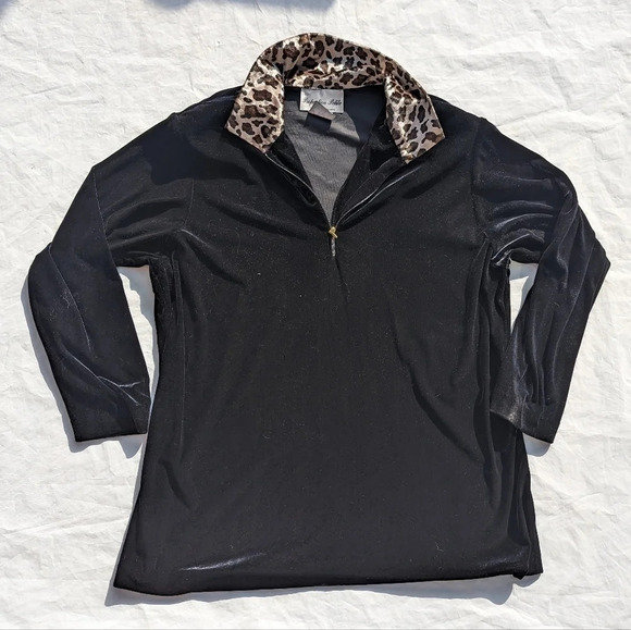 Vintage Velour Style Black Sweater with Leopard Neck Collar and 1/4 Gold Zip - L - Picture 1 of 6